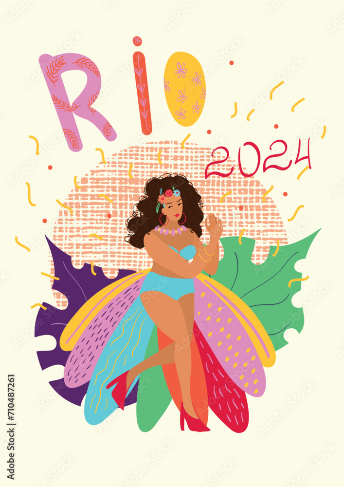 Carnival in Brazil in Rio 2024, a woman in a bikini with feathers dancing, poster, postcard, vector hand-drawn