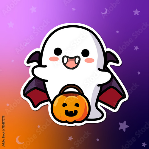Fantasma adorable disfrazado de dracula con calabaza para hacer truco o trato en Halloween, sticker, vector