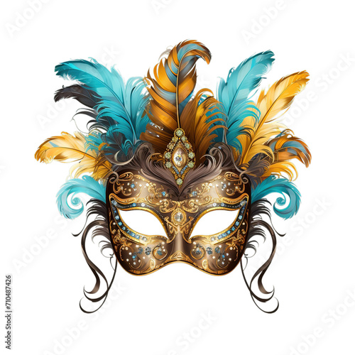 Carnival mask with feathers with colorful, Golden carnival mask, Venice carnival , 3d mask