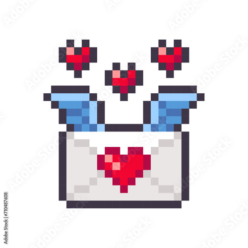 Flying envelope with angel wings and red heart pixel icon isolated on white background. Love letter with hearts. Vector illustration of Valentine's Day elements in 8 bit style.