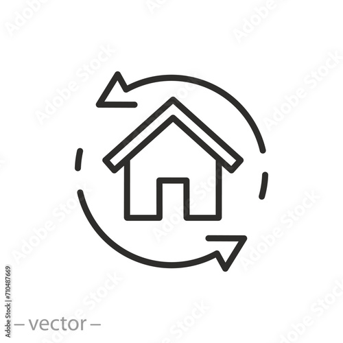 icon of home update 360, house maintenance, tech sync buildings, thin line symbol on white background - vector illustration