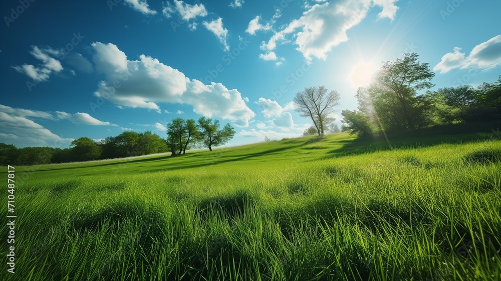 Obraz premium A picturesque scene of a green, manicured meadow, the grass evenly cut and vibrant, under a deep blue sky with scattered clouds, embodying the essence of summer. landscape with grass and sky