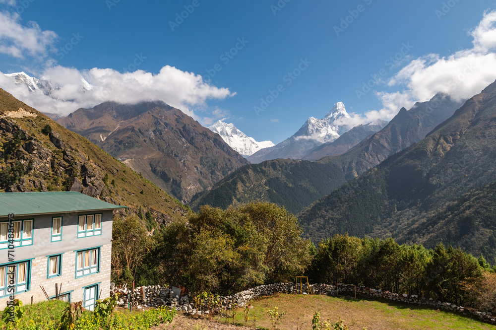 View of Lhotse and Ama Dablam mountains during trekking in Nepal in a clear day from Namche Bazar. EBC or Three passes trek in Nepal. Mountain range Himalayas in the Khumbu region of Nepal, Asia.