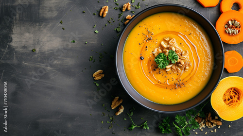 Pumpkin and carrot soup with cream and parsley on a dark rustic background. top view banner with copy space for delicious autumn or winter comfort food. Perfect for cozy meals and warm gatherings. photo