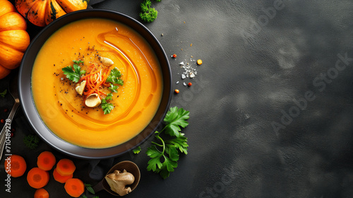 Pumpkin and carrot soup with cream and parsley on a dark rustic background. top view banner with copy space for delicious autumn or winter comfort food. Perfect for cozy meals and warm gatherings.