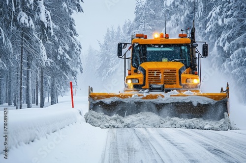 A big snow plow at work on a snowy road.