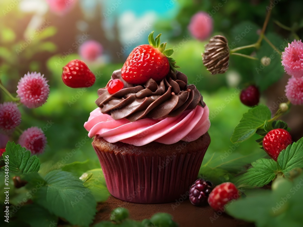 cupcake with berries and strawberry toppings cupcake with berries and strawberry toppings