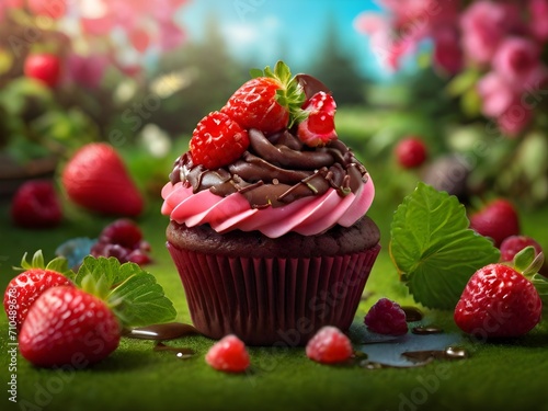 cupcake with berries and strawberry toppings