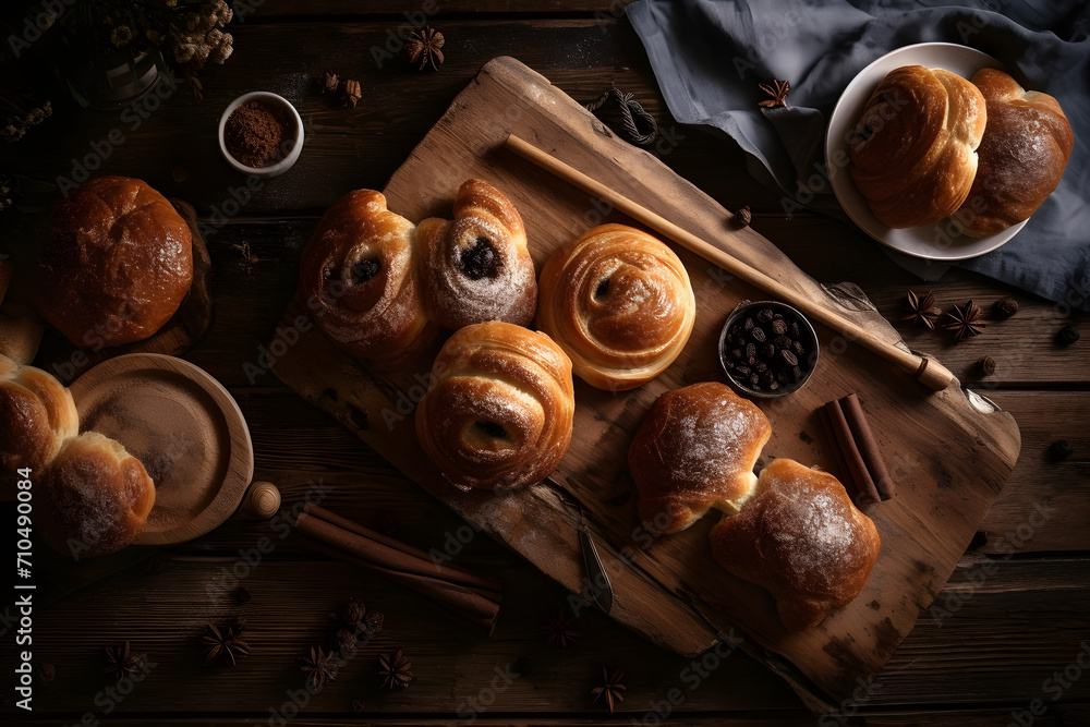 Food background with freshly baked sweet buns puff pastry with chocolate on old wooden table, Breakfast or brunch concept with copy space, top view, flat lay Food background with freshly baked sweet buns puff pastry with chocolate on old wooden table, Breakfast or brunch concept with copy space, top view, flat lay