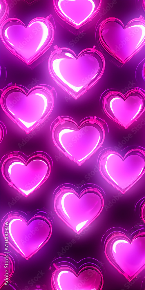 Corações rosas em néon isolados em um fundo escuro 