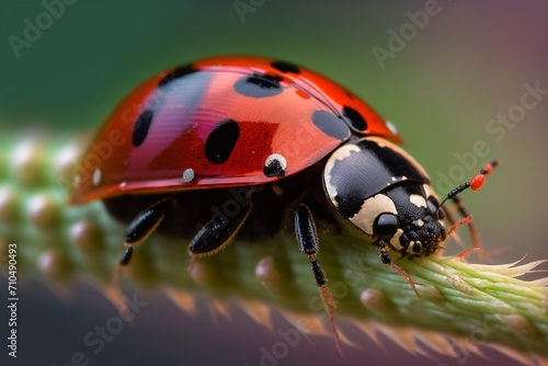 Nature's Microcosm: Ladybug Resting on a Lush Green Leaf, a Tiny Marvel of Beauty. Captivating Macro Photography Perfect for Adding a Touch of Natural Splendor © Raccoon Stock AI