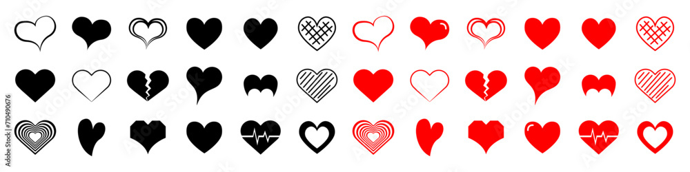 Set of red and black color hearts on an isolated background. The 14th of February. Valentine's Day. Set of hearts for your design. Vector EPS 10