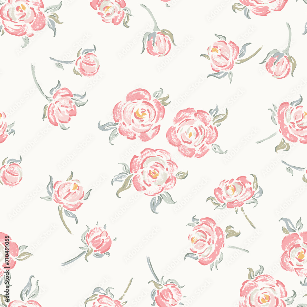 Pink Roses. Vector Rose Flower Seamless Pattern. Flowers and Leaves. Vintage Floral Background. Shabby chic Wallpaper. Millefleurs Liberty Style Design.