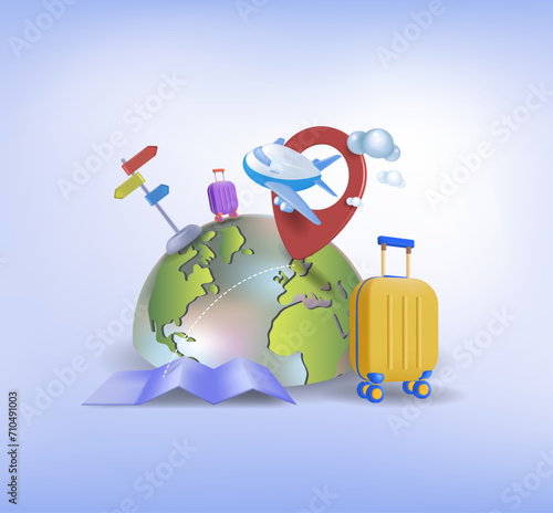 The concept of tourism and travel, vacation, round-the-world travel.
3d image of an airplane, planet earth suitcase on a blue background.
Vector, template for the banner. photo