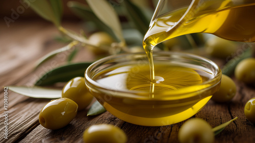 Olive oil and green olives on rustic wood background with copy space. A Mediterranean-inspired scene showcasing the beauty of natural ingredients