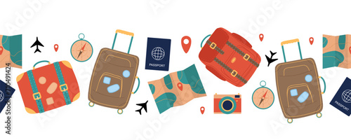 Fototapeta Naklejka Na Ścianę i Meble -  Seamless Travel banner. Suitcases, passport, map, camera, compass for travel and business trips isolated on white background. Flat vector illustration. Time to travel seamless pattern.