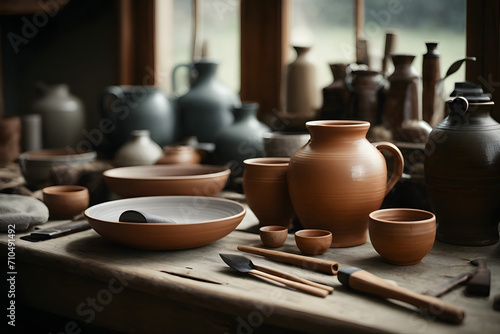 A close-up concept photo with handmade clay and ceramic plates, bowls and equipment