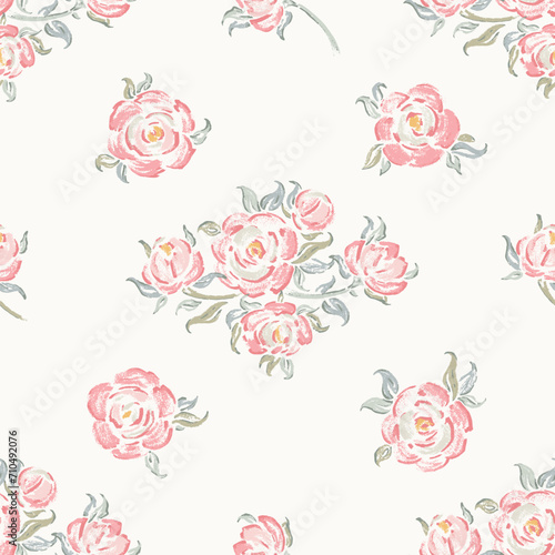 Pink Roses. Rose Flower Bouquets Seamless Vector Pattern. Flowers and Leaves. Vintage Floral Background. Shabby chic Wallpaper. Millefleurs Liberty Style Design.