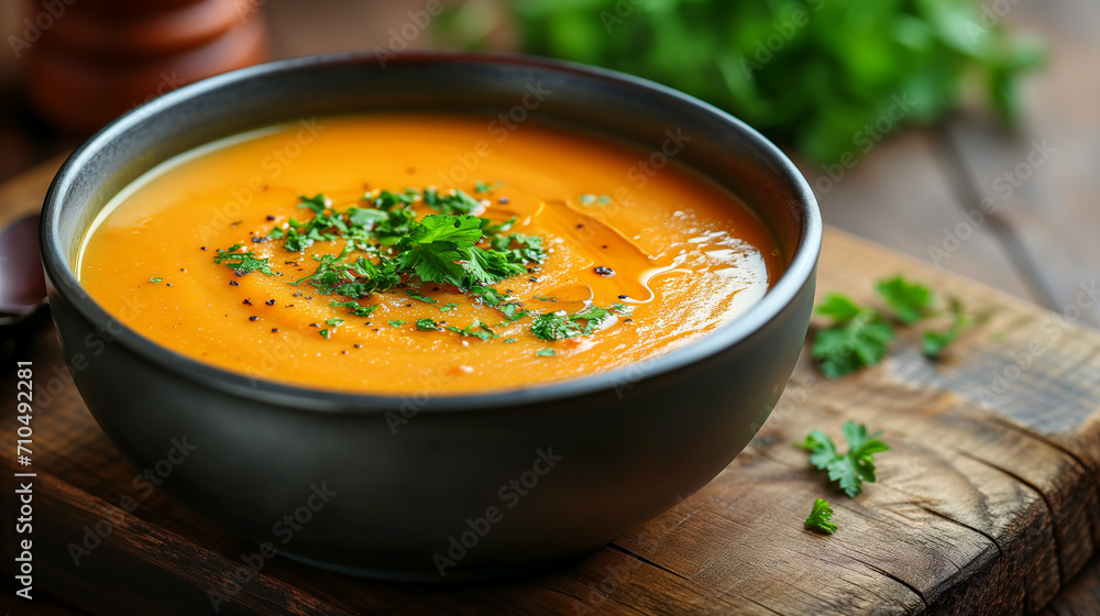 Pumpkin and carrot soup with cream and parsley on a dark rustic background. Side view banner with copy space for delicious autumn or winter comfort food. Perfect for cozy meals and warm gatherings. Pumpkin and carrot soup with cream and parsley on a dark rustic background. Side view banner with copy space for delicious autumn or winter comfort food. Perfect for cozy meals and warm gatherings.