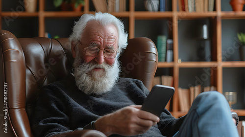 Close-up senior smiling relaxed retired man with beard and glasses sitting comfortably at home on armchair using mobile phone, communication concept