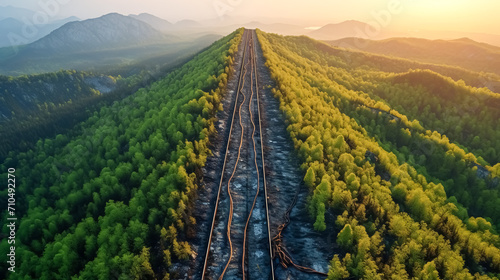Aerial view of deteriorated railway tracks in the forest at sunset. photo