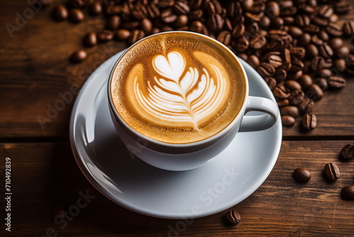Close up shot of latte art in white cup,Wooden table background, Cappuccino art, Leaf and Heart, Coffee bean Generated AI