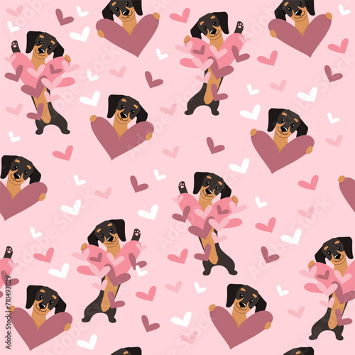 Cute dachshund dogs and pink hearts seamless pattern background. Valentines day. Vector cartoon doodle illustration