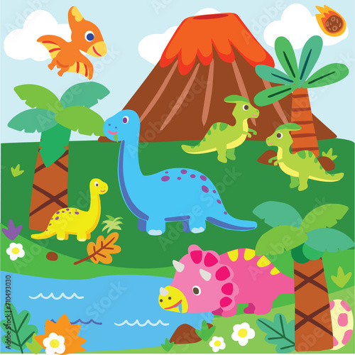 dinosaur cartoon character vector set for school kids Set of jurassic cute design element.