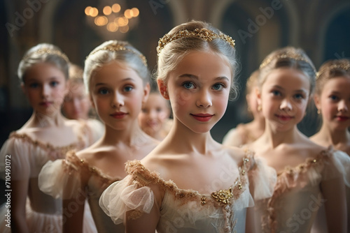 Group of cute girls ballerinas the stage school kindergarten Ballet Generative AI