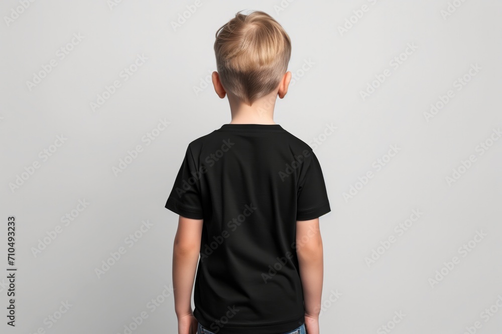 Fototapeta premium Back View Mock Up Of A Young Boy Wearing A Black T-Shirt On A White Background