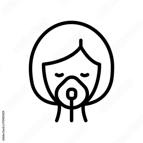 Woman in oxygen mask line icon. Aerosol breathing lung machine treatment icon. Outline illustration of nebulizer treatment vector icon for web design isolated on white background