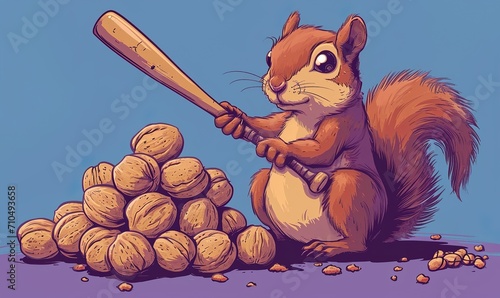 cartoon illustration of a squirrel holding a baseball bat over a nut photo