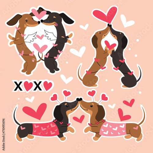 Love set with dachshund dogs and hearts on a pink background. Vector illustration doodle style. valentine's day card. Love animals