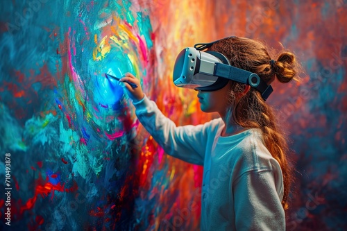 A child artist paints while wearing a virtual reality headset.
