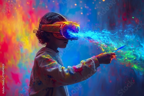 A child artist paints while wearing a virtual reality headset. © jakapong
