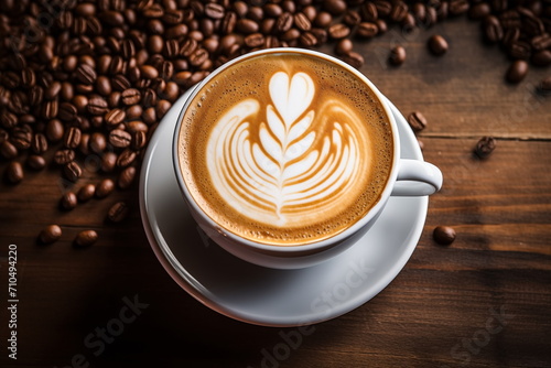 Close up shot of latte art in white cup,Wooden table background, Cappuccino art, Leaf and Heart, Coffee bean Generated AI