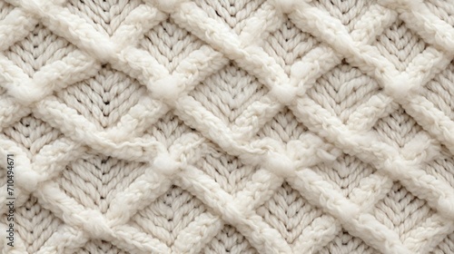 Close-Up of White Knit Wool Texture. Close-up image displaying the cozy and intricate cable knit pattern of a white woolen fabric, embodying warmth and comfort.