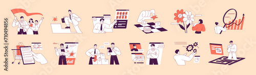 Business concept set. Corporate work in team, teamwork in office. Employees achieve success, solve problems, meeting. Leadership, financial literacy, management. Flat isolated vector illustrations