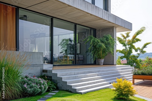 Luxury Grey Villa: Modern Exterior Design with Terrace and Geometric Elements © AIGen