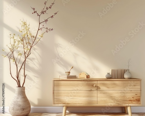 Modern Living Room Interior with Dresser and Ecru Wall. Home Decor with Vase  Flower Pots  and Books. Panoramic 3D Rendering