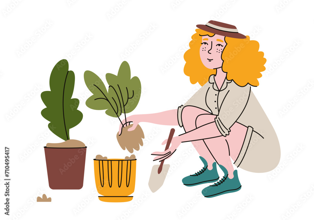 Woman transplants plants. Female person in doodle style. Woman transplants plants. Female person in doodle style.