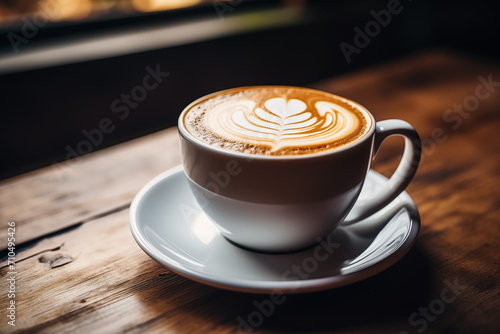 Close up shot of latte art in white cup Wooden table background  Cappuccino art  Leaf and Heart  Generated AI