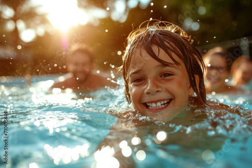 Sunny Soiree: Close-Up Capture of a Happy Family Swimming