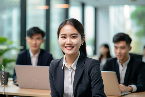 Business people having office meeting successful coworkers company building Generative AI