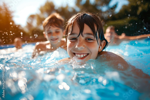 Swimming Serenity: Close-up of a Joyful Family in Pool Oasis