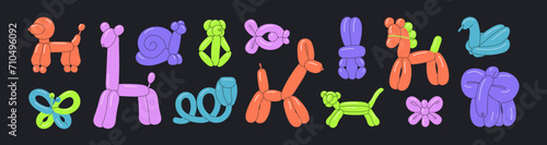 Different animals balloons set. Inflatable beasts for birthday party decor. Rubber toys, helium figures with shape of funny dog, giraffe, horse, snake for kids. Flat isolated vector illustrations