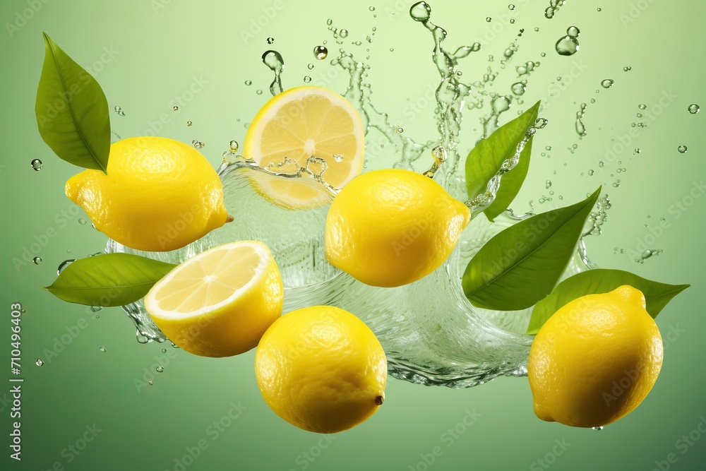 Fresh juicy lemon in splashes of water on a green background