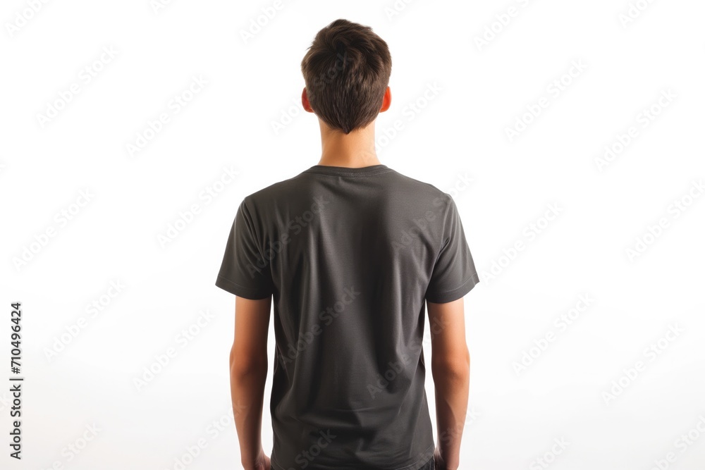 Fototapeta premium Man In Dark Gray Tshirt On White Background, Back View, Mock Up