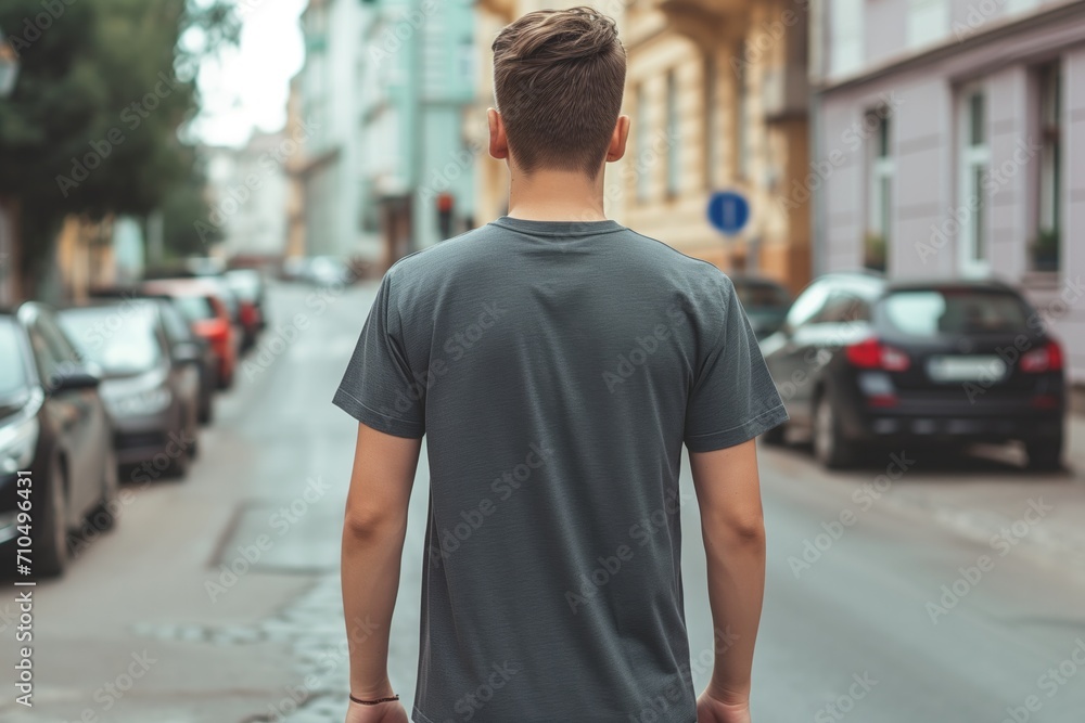 Man In Dark Gray Tshirt On The Street, Back View, Mock Up Man In Dark Gray Tshirt On The Street, Back View, Mock Up
