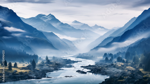 Foggy landscape with a river and mountains in the background.